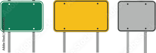 Blank Road Sign Boards Set in Green, Yellow and Gray Colors, Empty Highway Traffic Sign Templates Isolated on White Background Vector Illustration