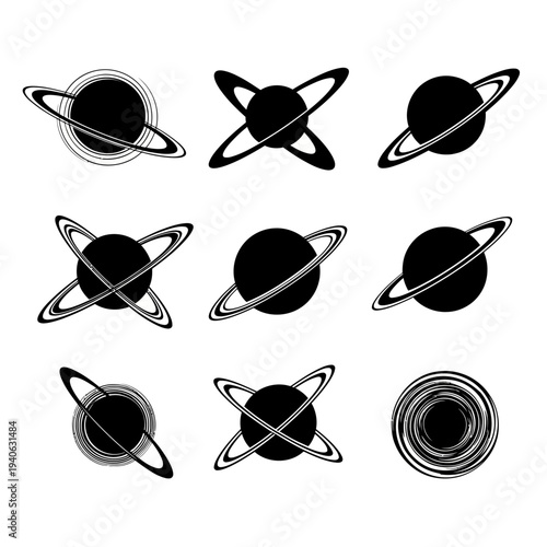Set of 9 Black and White Saturn Planet Icons Vector Collection with Rings in Various Angles and Styles for Space, Astronomy, and Science Designs