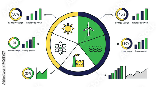 Renewable energy sources pie chart with sustainable power growth statistics