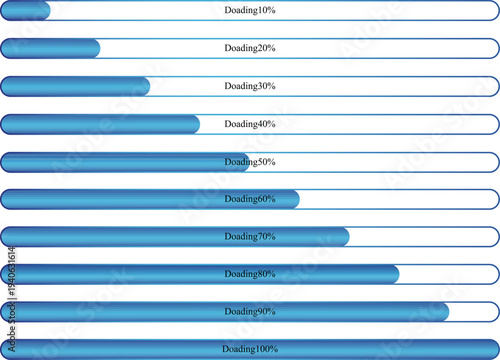 Blue loading progress bar interface collection. Download status indicator with percentage completion levels. Clean UI progress element set for application dashboard, web interface, and digital workflo