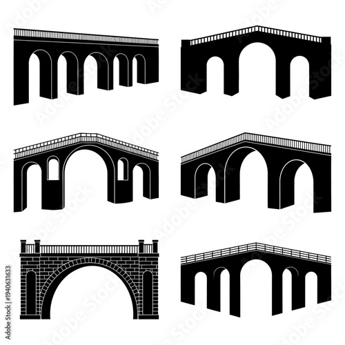 Vintage stone bridge silhouette collection, set of 6 arched viaduct vector icons, historical masonry bridge architecture for maps and logos