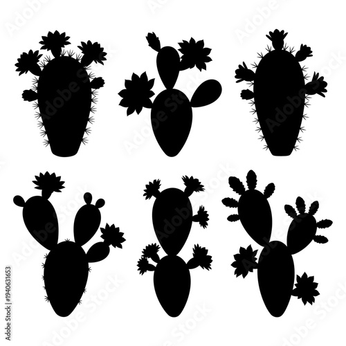 Set of 6 Black Cactus Silhouettes Vector Collection with Spines and Flowers, Prickly Pear Desert Plant Icons for Nature and Botanical Designs