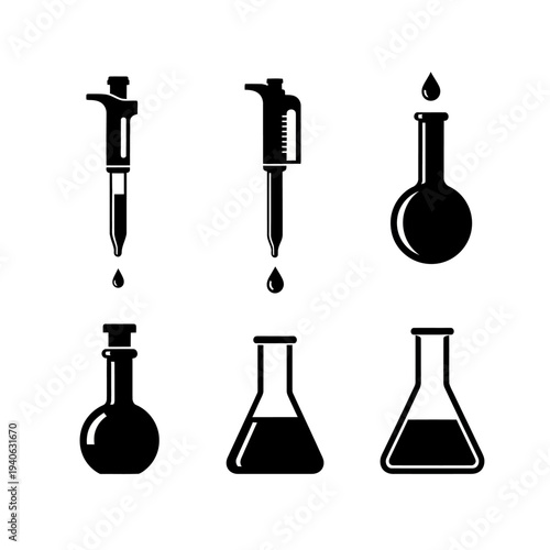 Set of 6 black and white vector icons featuring laboratory equipment like pipettes, droppers, and various flasks, ideal for science, medical, or research-related designs.
