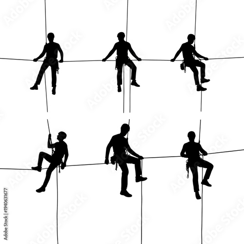 Set of 6 black silhouette vector illustrations depicting people rappelling or climbing down ropes, ideal for extreme sports, adventure, and safety concepts.