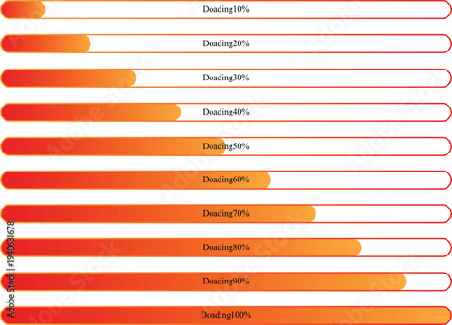 Orange loading progress bar interface set. Download progress indicator collection from 10 percent to 100 percent. Modern status bar design for web dashboard, application interface, and digital workflo