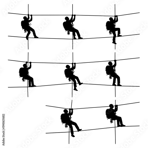 Set of 8 Black Silhouette Rock Climbers Rappelling Down Ropes Vector Illustration for Adventure Sports and Outdoor Activities