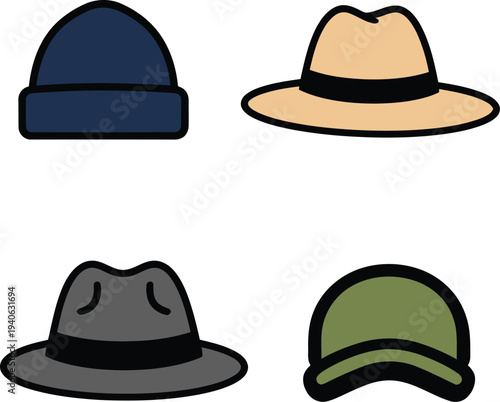 Four different hats on white background headwear blue beanie tan hat gray fedora
