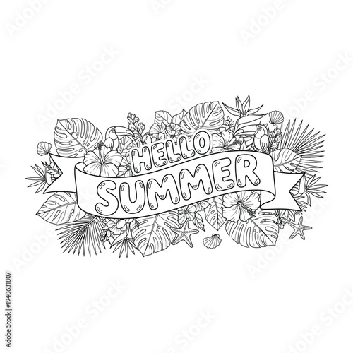 Black and white illustration of hello summer text on a banner surrounded by leaves and flowers