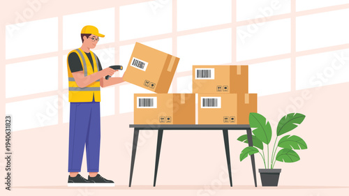 Warehouse worker scanning package boxes with barcode scanner, logistics shipping and inventory management concept illustration