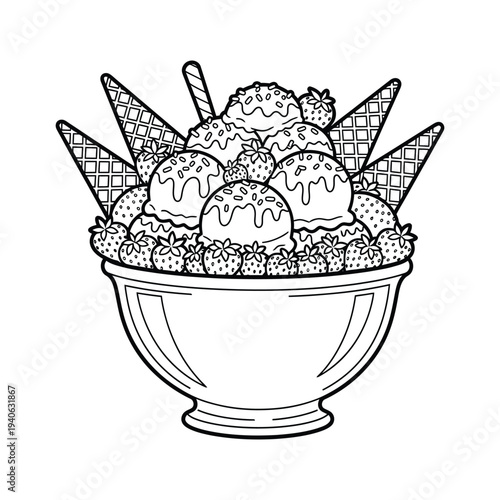 Colorful illustration of a bowl filled with ice cream scoops and cones with strawberries