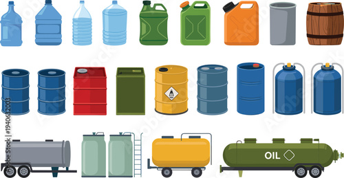 Industrial Storage Containers Collection Including Plastic Bottles, Metal Barrels, Fuel Cans and Oil Tanker Trucks, Chemical and Petroleum Storage Vector Illustration