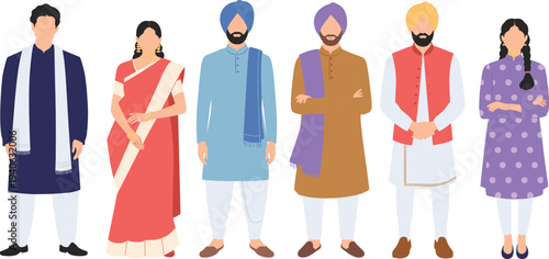 Indian People in Traditional Clothing Flat Vector Illustration Diverse Men and Woman Wearing Cultural Ethnic Dress Standing Character Set