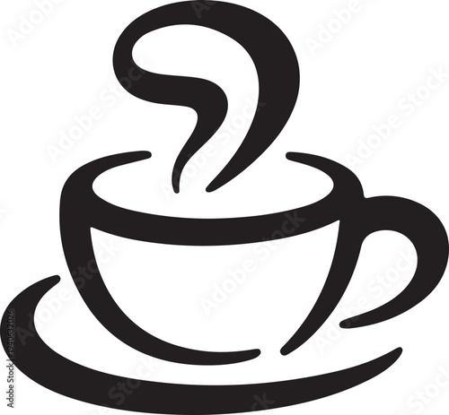Simple black line drawing of a steaming cup of coffee on a saucer