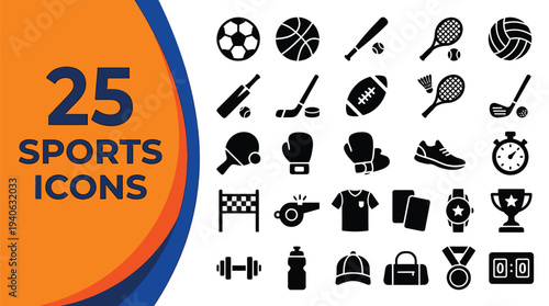 Twenty-five essential sports equipment icons are displayed.