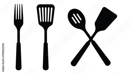 Black silhouettes of a fork, grill spatula, spoon and flipper on white