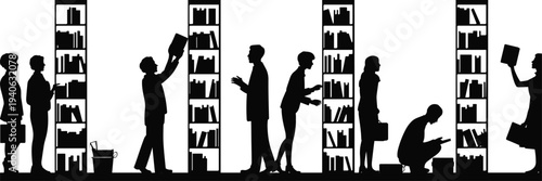 Library bookshelf scene with people reading and choosing books silhouettes, students studying in bookstore or public library education concept