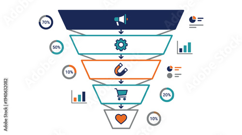Marketing funnel diagram with megaphone, gear, magnet, shopping cart, and heart icons