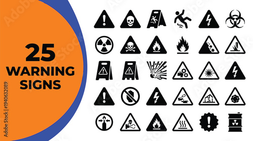 Collection of twenty-five safety and warning hazard signs are.