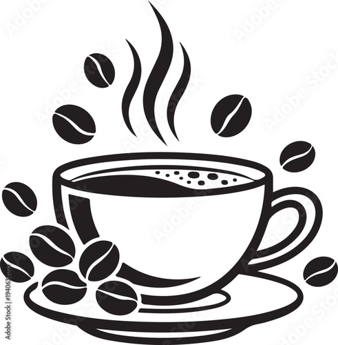 Steaming hot coffee cup with coffee beans on saucer