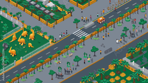 Isometric illustration of a bustling city park with dinosaur exhibits and people