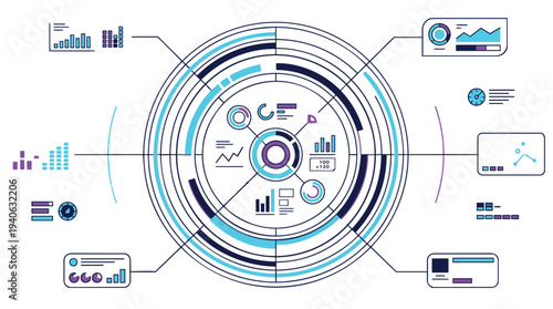 Infographic template with colorful data visualization charts and graphs
