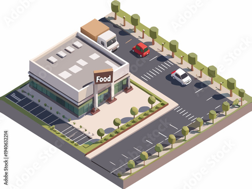 Isometric illustration of a food store with surrounding roads and vehicles