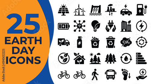 Twenty five earth day icons depict sustainable energy.