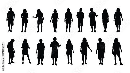 A group of people in various poses and outfits