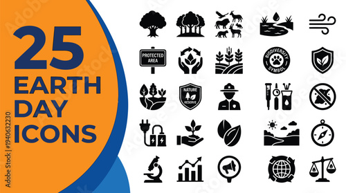 Assortment of twenty-five Earth Day icons emphasizing ecology.