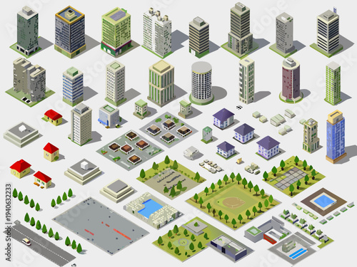Isometric city landscape with various buildings parks and transportation elements