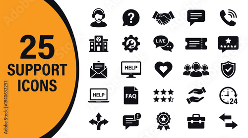 Support icons feature customer service concepts like help desks.