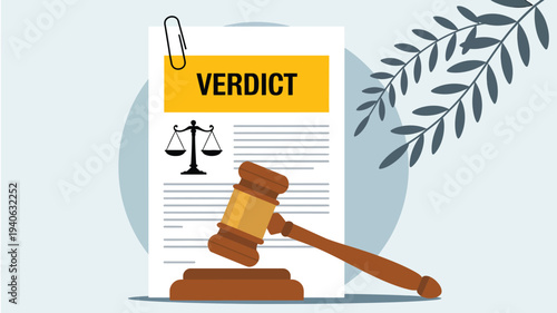 Court verdict document with judge gavel and justice scale symbol, legal decision and law court judgment concept illustration