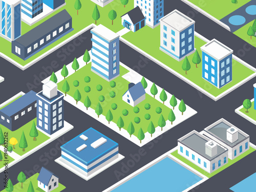 Isometric illustration of a modern city landscape with buildings and green spaces