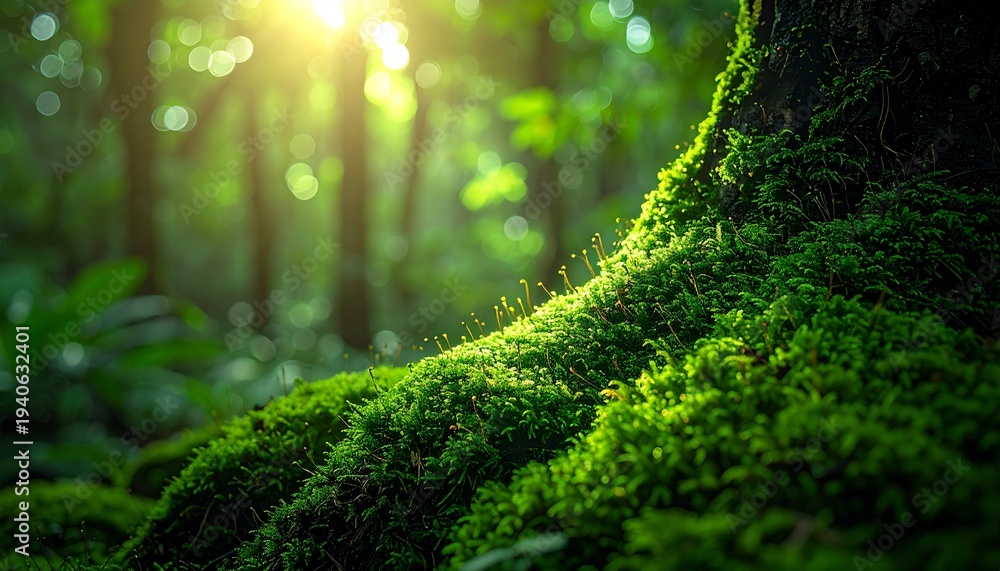 Fototapeta premium Lush green moss covering a tree trunk in a tropical rainforest for World Forest Day celebration