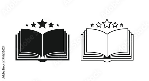 Open book with stars a duo of designs in black and white silhouette