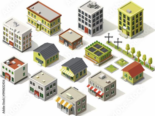 Isometric illustration of a colorful geometric urban townscape with various buildings