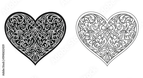 Intricate heart designs featuring ornate patterns and a striking silhouette
