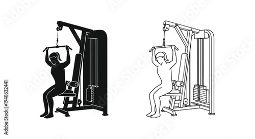 Two views of a woman using a lat pulldown machine black and white silhouette