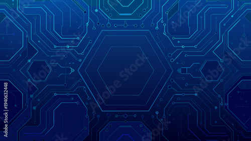 Abstract circuit board pattern with hexagonal shapes in shades of blue