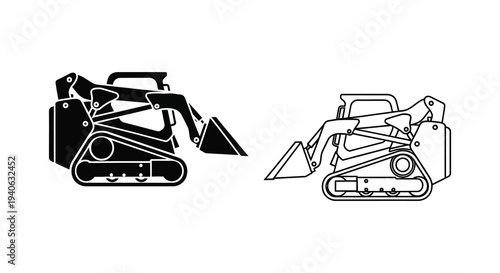 Two black and white illustrations of skid steer loaders detailed silhouette