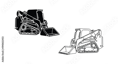 Two views of a skid steer loader a construction vehicle in black and white silhouette