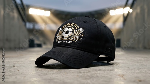 Black baseball cap with Athletic Soccer Club logo on concrete stadium floor