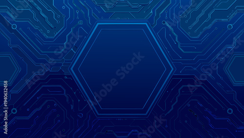 Abstract blue circuit board pattern with hexagonal elements and glowing lines