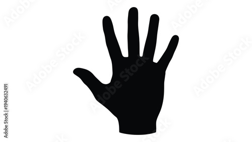 A black silhouette of a left hand with palm facing outward