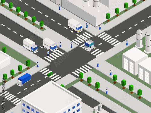 Isometric illustration of a city intersection with roads vehicles and buildings