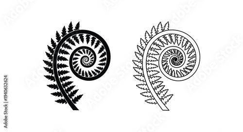 Two fern frond spirals one black and one white in a graphic silhouette