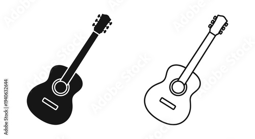 Two acoustic guitars are depicted in simple black and white a striking silhouette