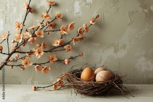 Stylish Easter eggs in a trendy terracotta color in a nest of branches and sakura on an olive background with rough strokes. The concept of a happy Easter 2026.