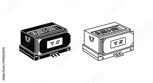 Two vintage accordions depicted in a stark black and white silhouette