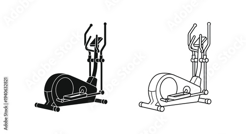 Two elliptical trainers depicted in a black outline style silhouette